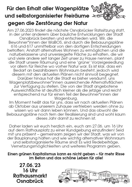 Einladung zur Kundgebung am 27.6.2023 um 16 Uhr am Rathaus Osnabrück.